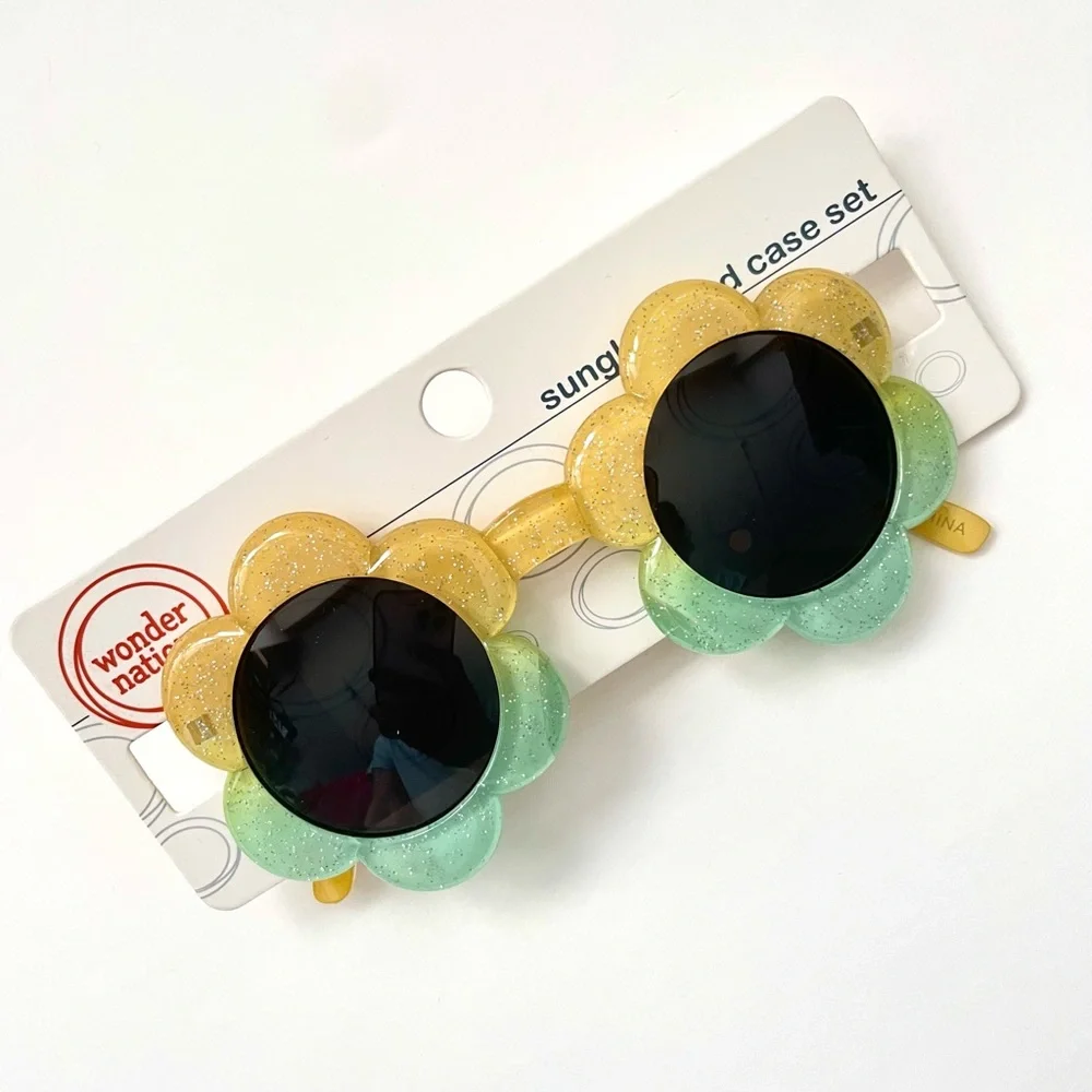 Girls Daisy Yellow Green Glitter Sunglasses - Supercute!